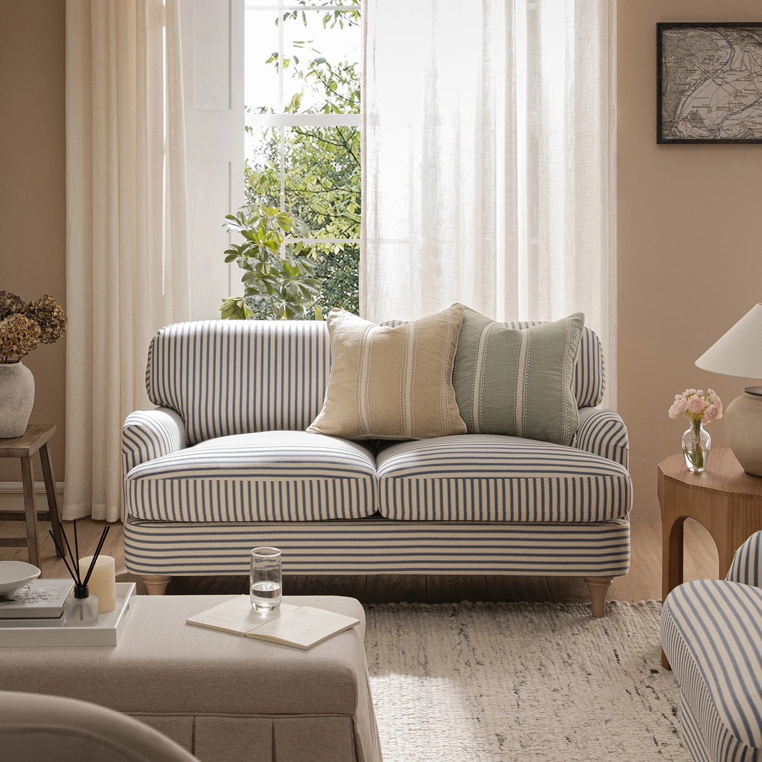 Daphnis Blue Striped Linen Blend Sofa, 2-Seater 2 Daphnis Blue Striped Linen Blend Sofa, 2-Seater - Image 2