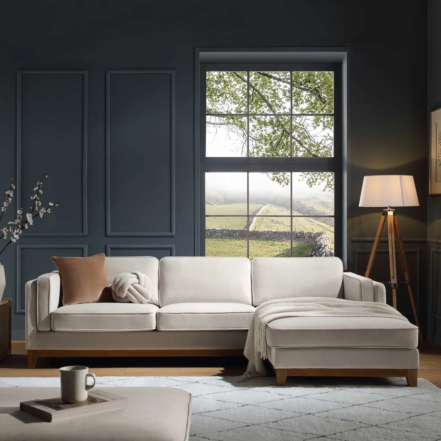 Dipley Champagne Velvet Sofa, Grande Chaise Sofa Right Hand Facing 2 Dipley Champagne Velvet Sofa, Grande Chaise Sofa Right Hand Facing - Image 2