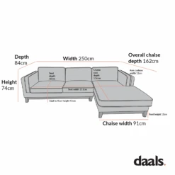 Dipley Champagne Velvet Sofa, Grande Chaise Sofa Right Hand Facing 17 Dipley Champagne Velvet Sofa, Grande Chaise Sofa Right Hand Facing -Daals Store GCSF 2398 RIGHT CHART 2
