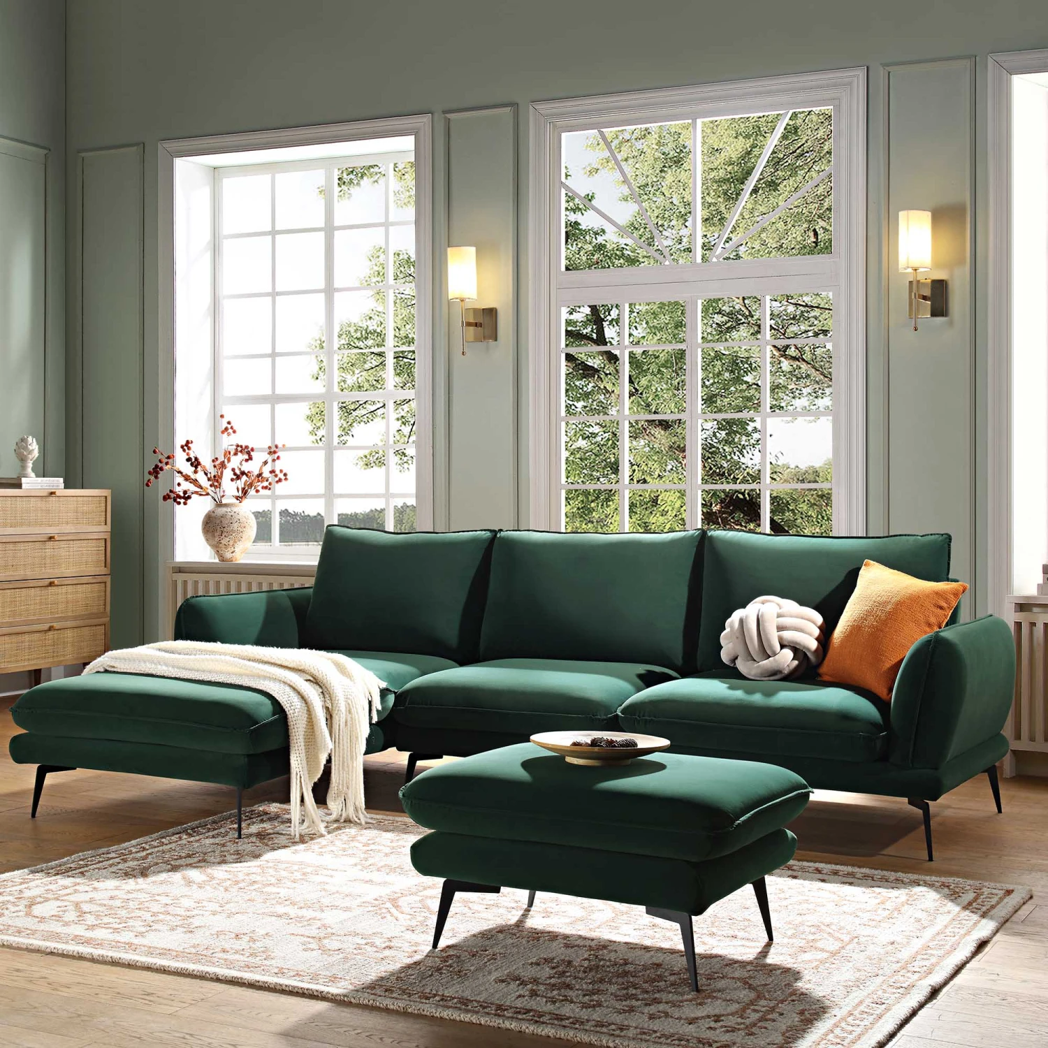 Obriel Forest Green Velvet Sofa, Grande Chaise Sofa Left Hand Facing 1 Obriel Forest Green Velvet Sofa, Grande Chaise Sofa Left Hand Facing