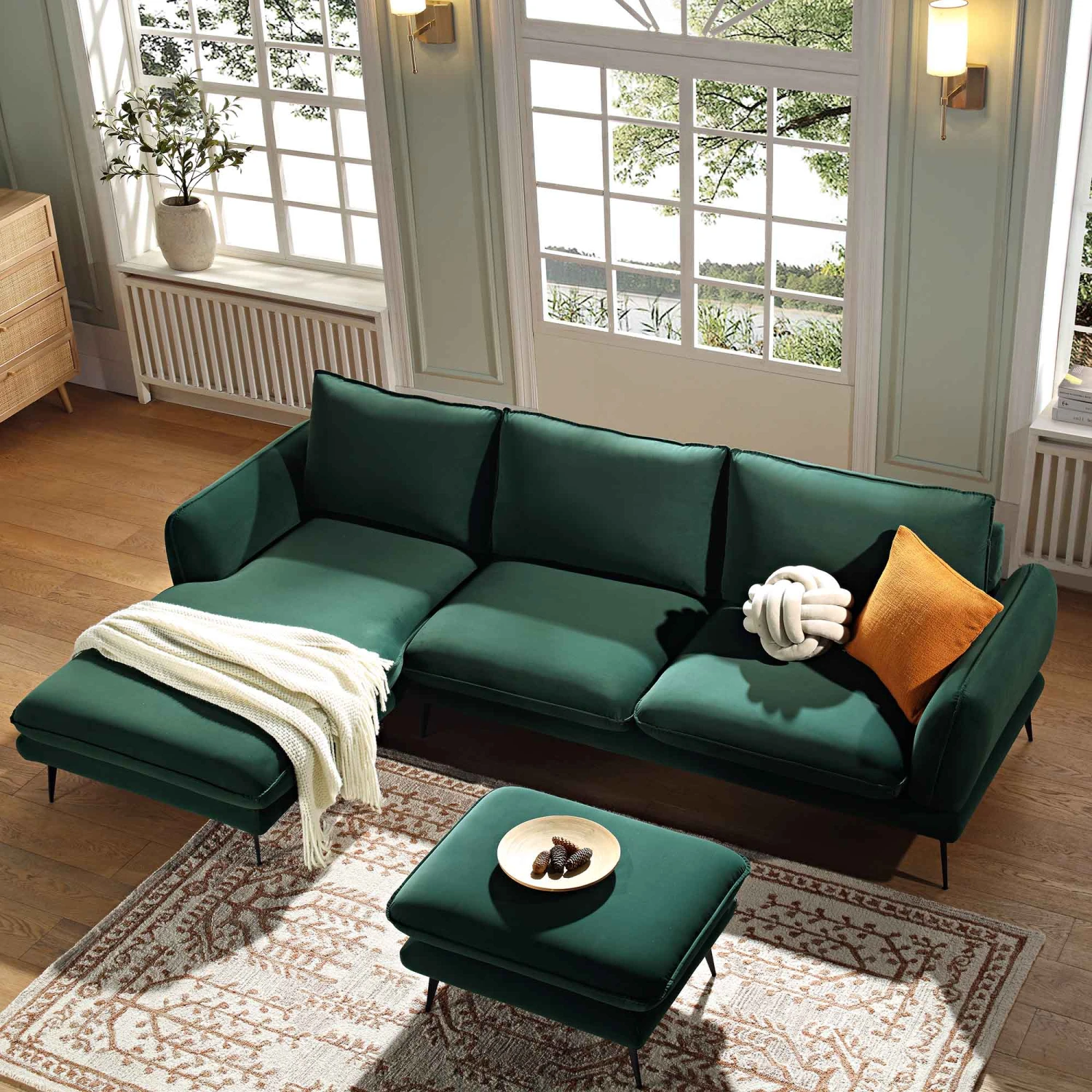 Obriel Forest Green Velvet Sofa, Grande Chaise Sofa Left Hand Facing 2 Obriel Forest Green Velvet Sofa, Grande Chaise Sofa Left Hand Facing - Image 2
