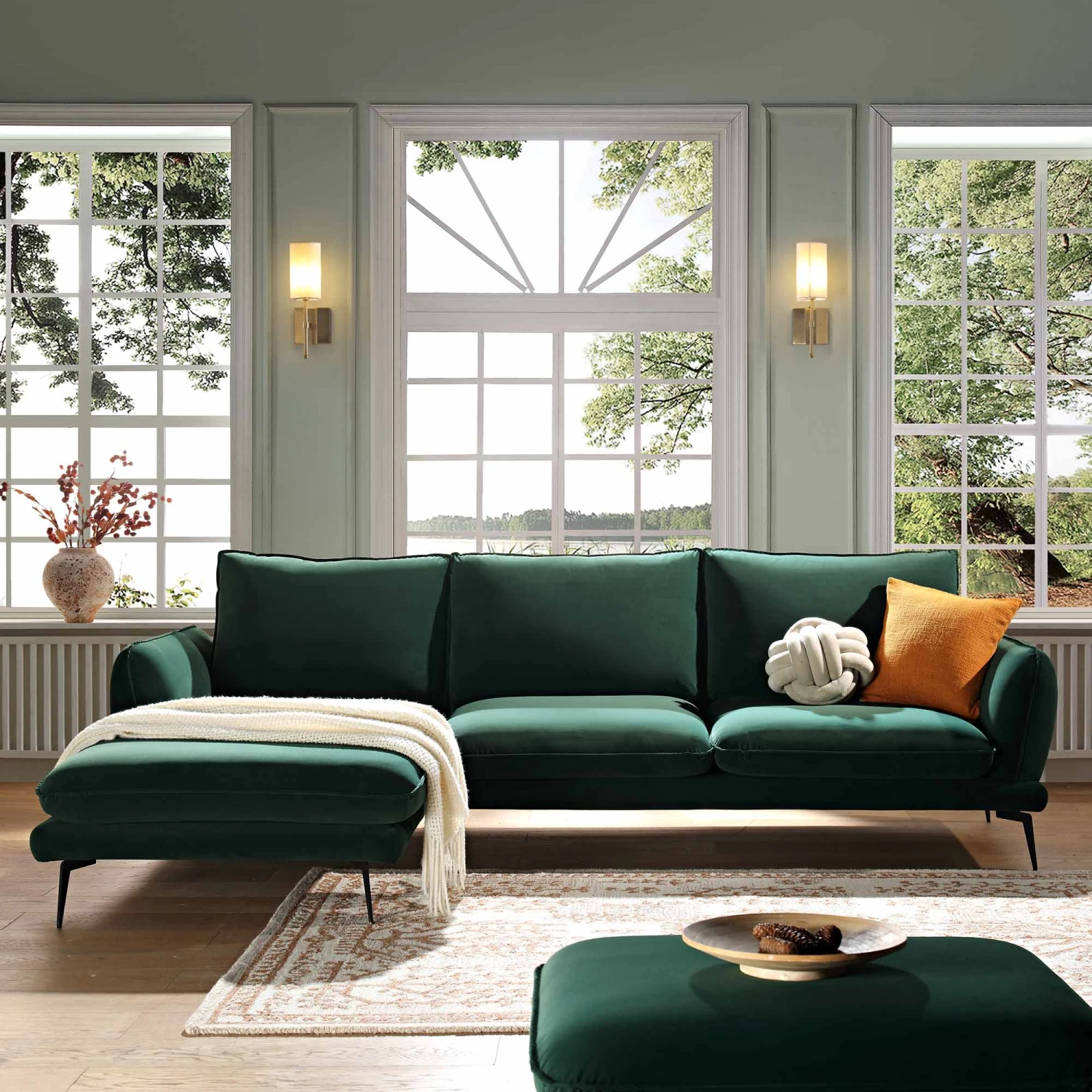 Obriel Forest Green Velvet Sofa, Grande Chaise Sofa Left Hand Facing 3 Obriel Forest Green Velvet Sofa, Grande Chaise Sofa Left Hand Facing - Image 3