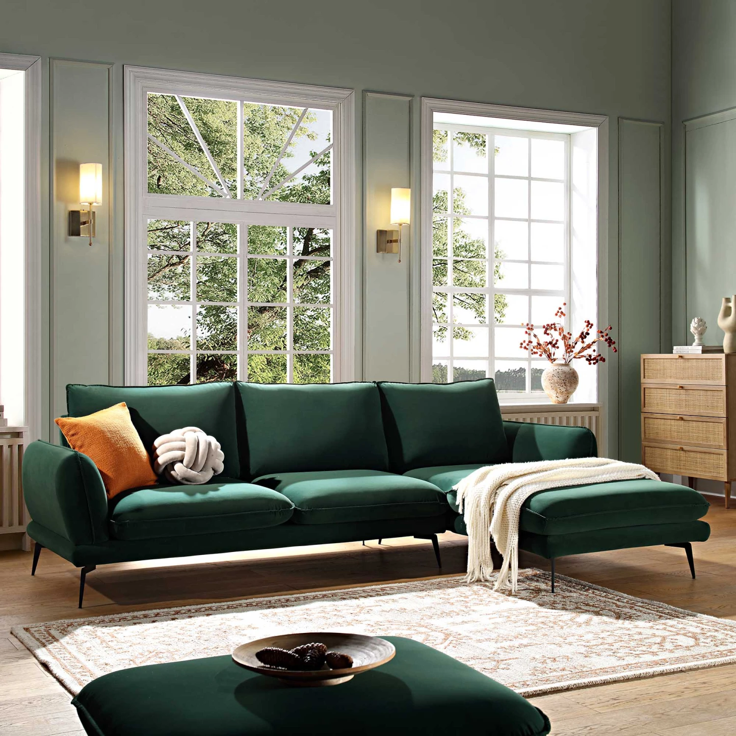 Obriel Forest Green Velvet Sofa, Grande Chaise Sofa Right Hand Facing 1 Obriel Forest Green Velvet Sofa, Grande Chaise Sofa Right Hand Facing