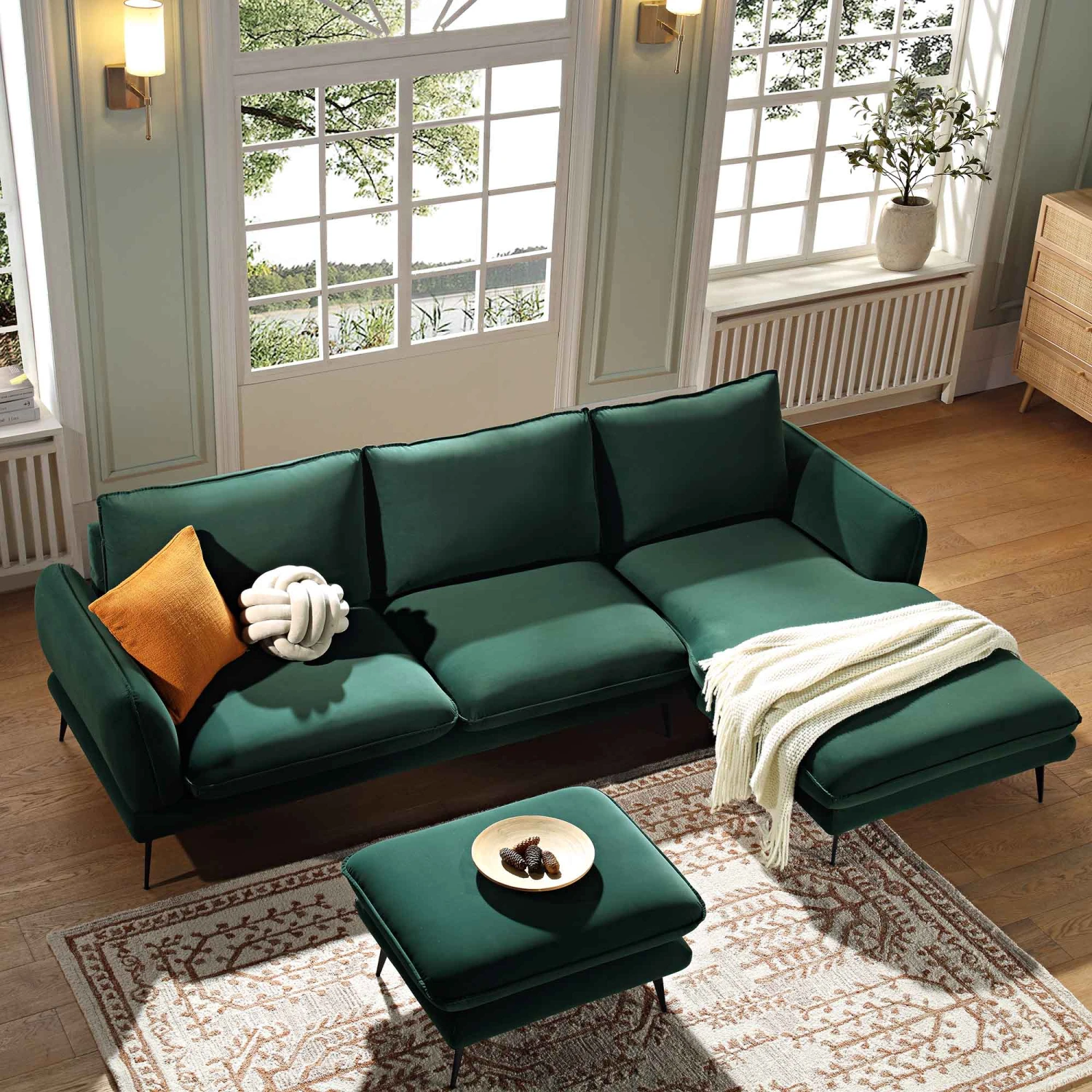 Obriel Forest Green Velvet Sofa, Grande Chaise Sofa Right Hand Facing 2 Obriel Forest Green Velvet Sofa, Grande Chaise Sofa Right Hand Facing - Image 2