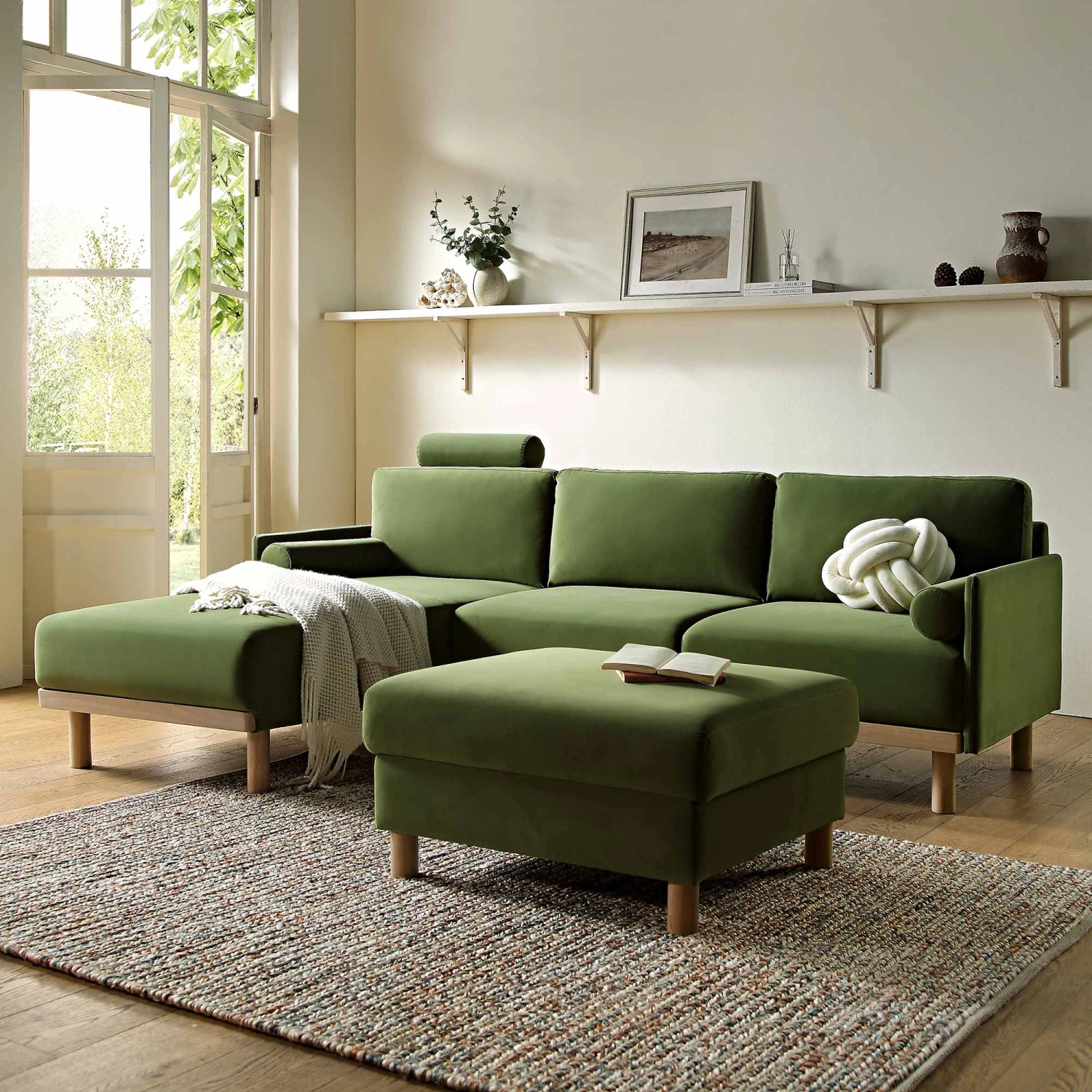 Timber Fern Green Velvet Sofa, Large 3-Seater Chaise Sofa Left Hand Facing 1 Timber Fern Green Velvet Sofa, Large 3-Seater Chaise Sofa Left Hand Facing