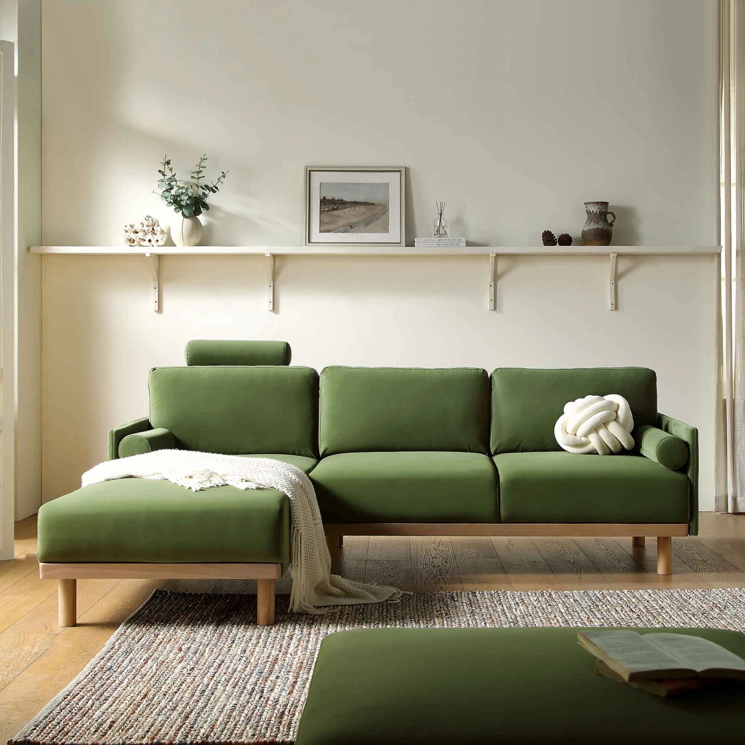 Timber Fern Green Velvet Sofa, Large 3-Seater Chaise Sofa Left Hand Facing 2 Timber Fern Green Velvet Sofa, Large 3-Seater Chaise Sofa Left Hand Facing - Image 2
