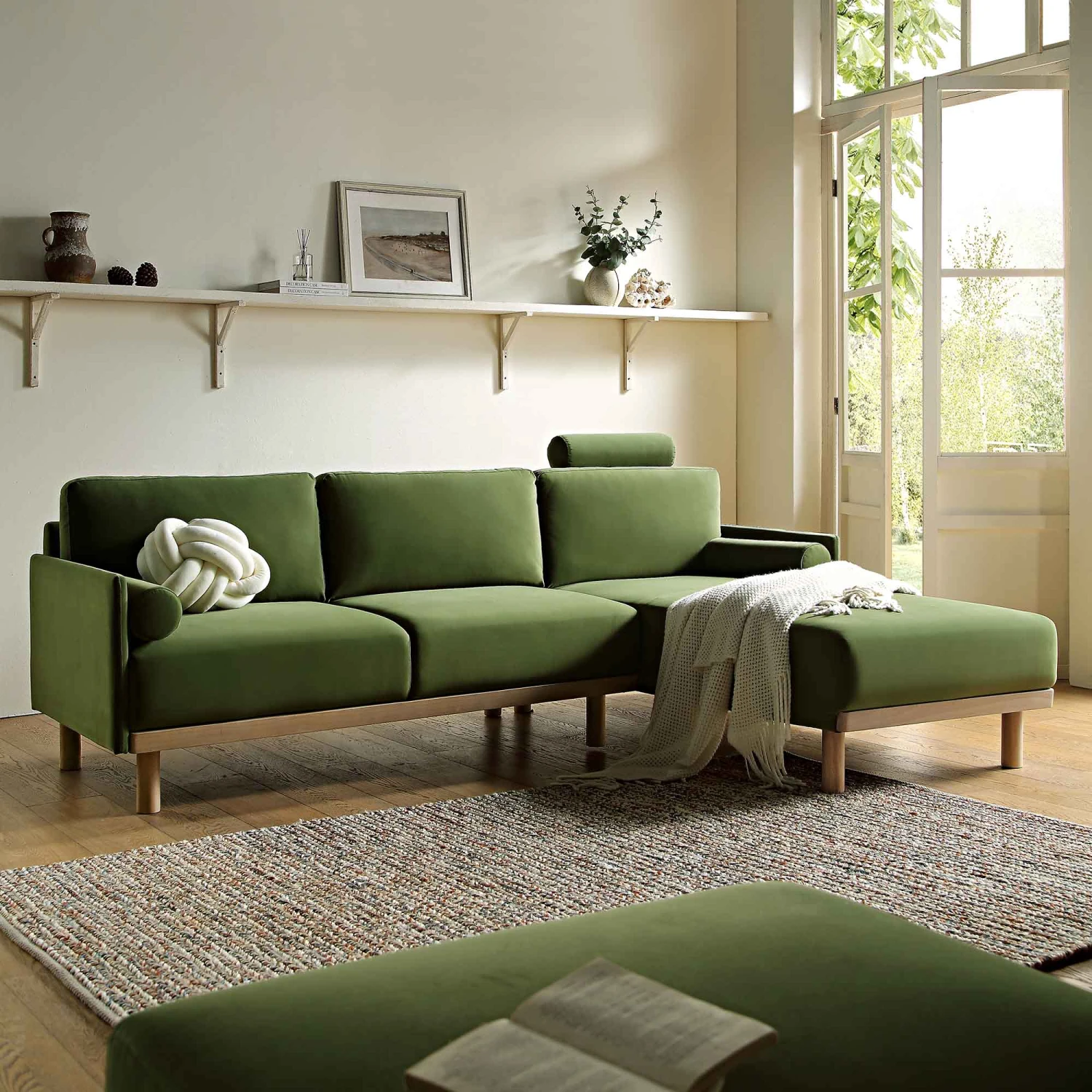 Timber Fern Green Velvet Sofa, Large 3-Seater Chaise Sofa Right Hand Facing 1 Timber Fern Green Velvet Sofa, Large 3-Seater Chaise Sofa Right Hand Facing