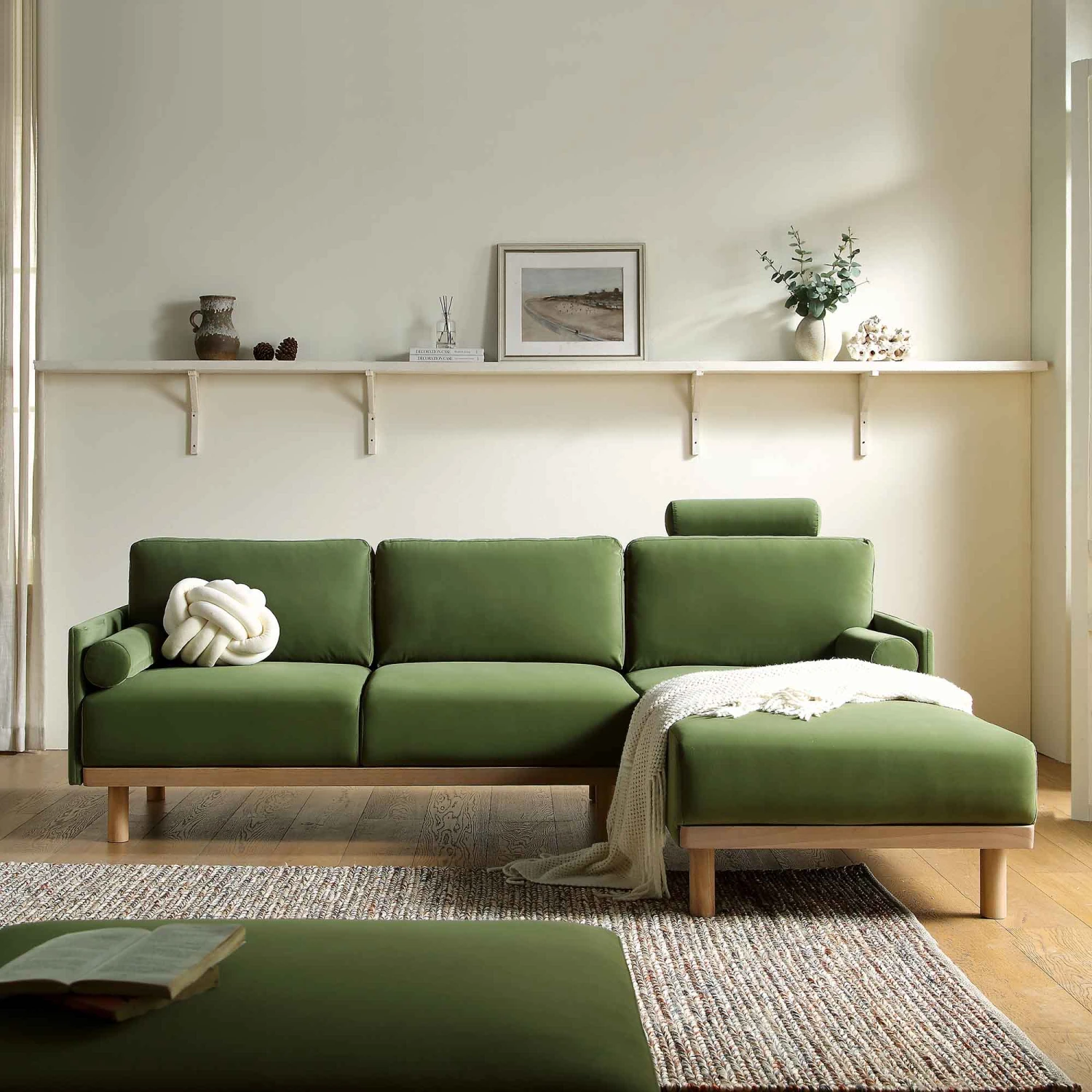 Timber Fern Green Velvet Sofa, Large 3-Seater Chaise Sofa Right Hand Facing 2 Timber Fern Green Velvet Sofa, Large 3-Seater Chaise Sofa Right Hand Facing - Image 2