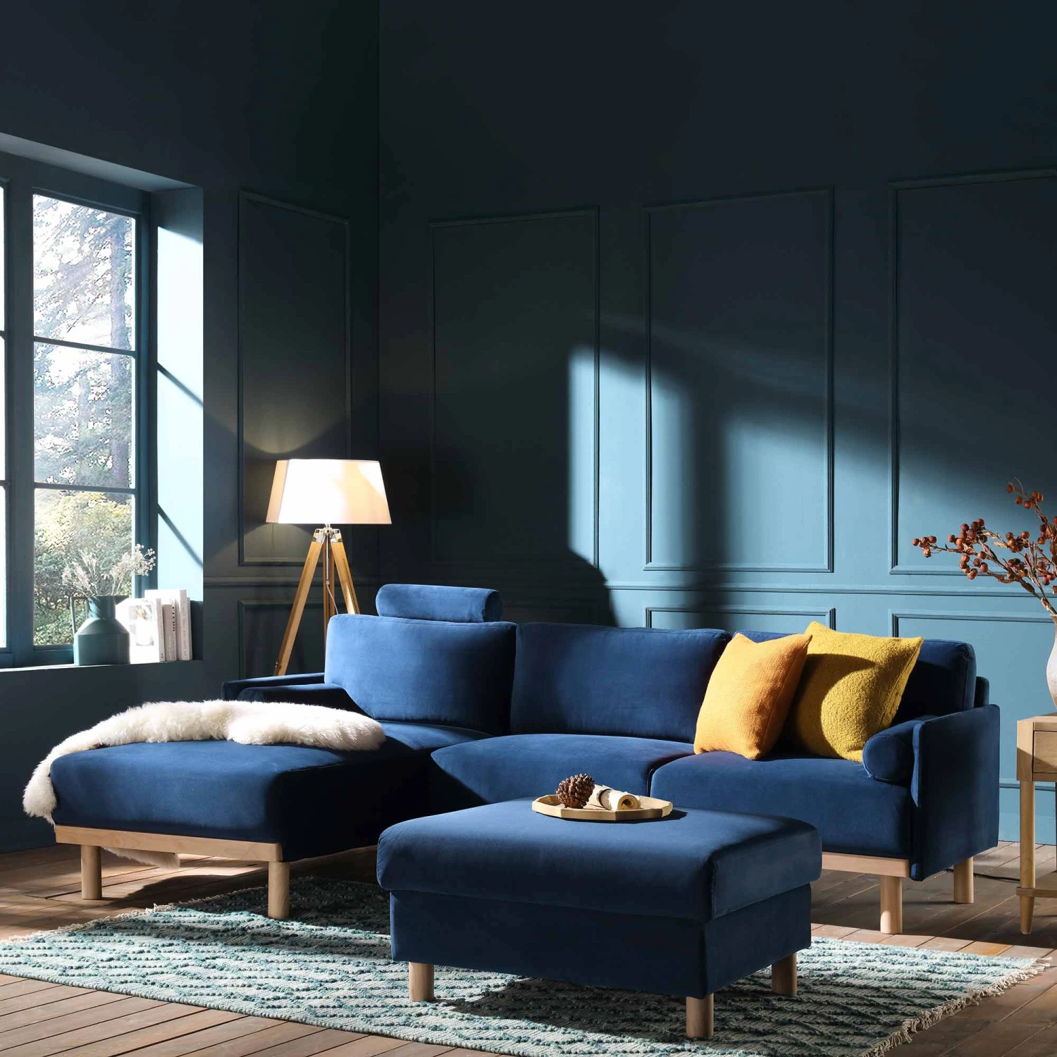 Timber Navy Blue Velvet Sofa, Large 3-Seater Chaise Sofa Left Hand Facing 1 Timber Navy Blue Velvet Sofa, Large 3-Seater Chaise Sofa Left Hand Facing