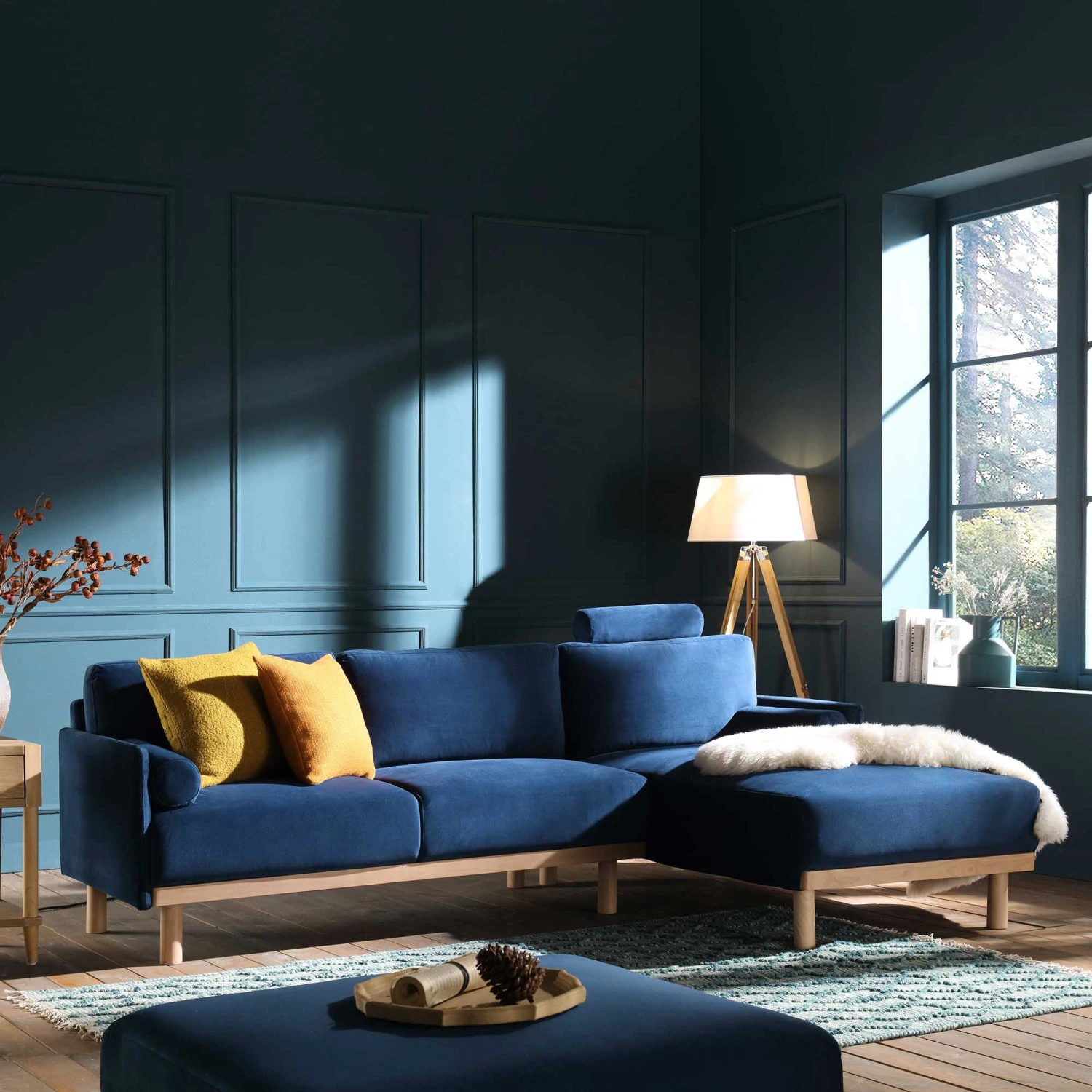 Timber Navy Blue Velvet Sofa, Large 3-Seater Chaise Sofa Right Hand Facing 3 Timber Navy Blue Velvet Sofa, Large 3-Seater Chaise Sofa Right Hand Facing - Image 3