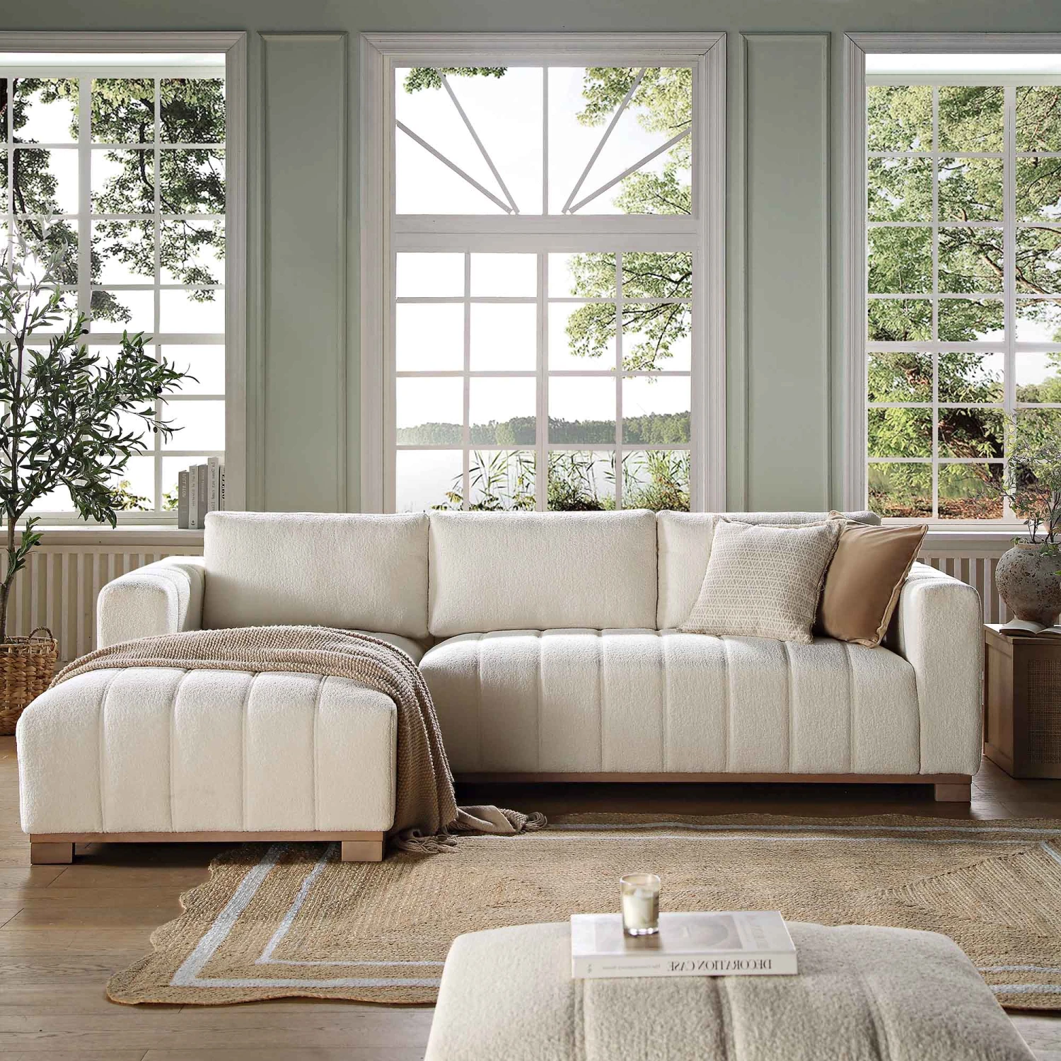 Belsize Beige Boucle Sofa With Wooden Base, Large Chaise Left Hand Facing 2 Belsize Beige Boucle Sofa With Wooden Base, Large Chaise Left Hand Facing - Image 2