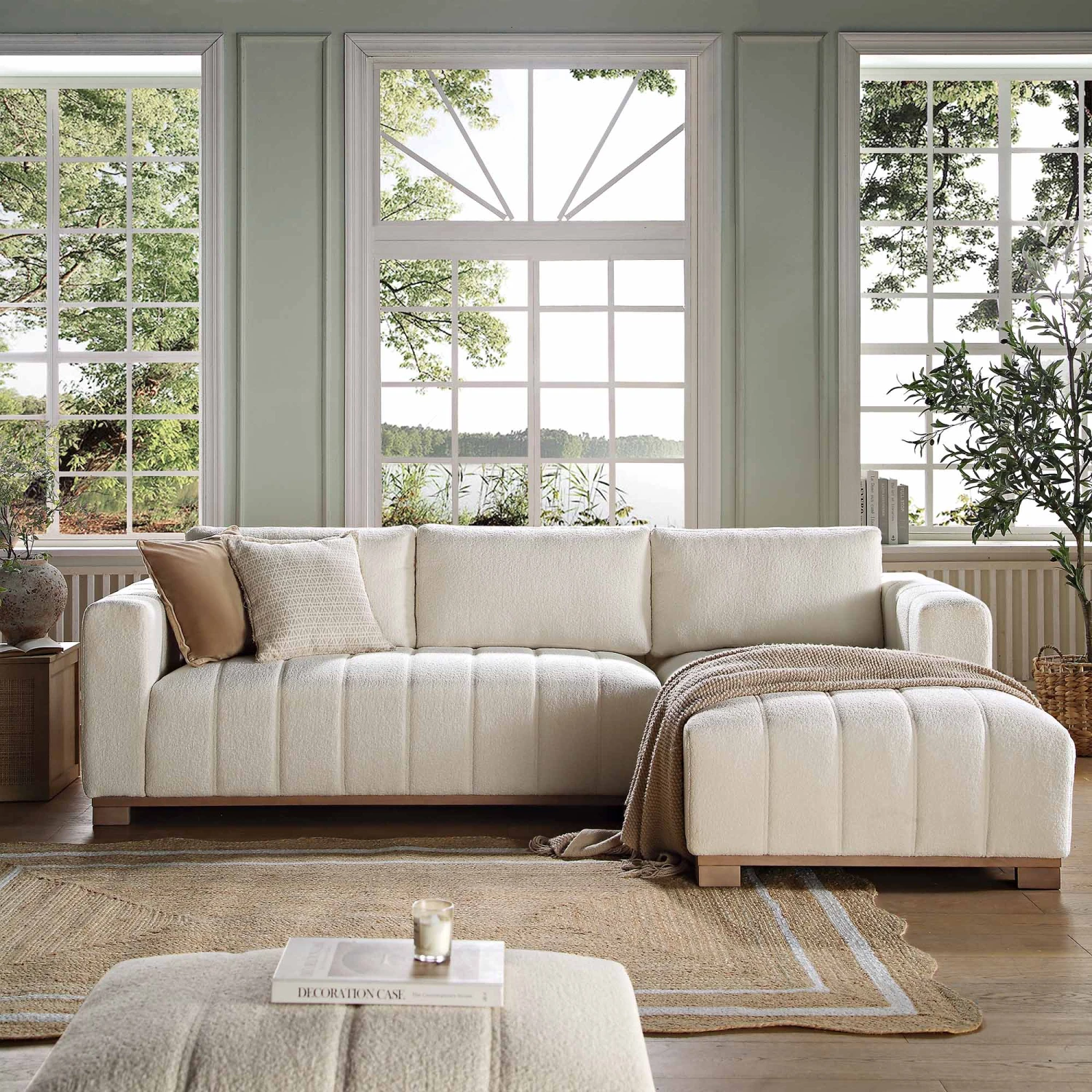 Belsize Beige Boucle Sofa With Wooden Base, Large Chaise Right Hand Facing 2 Belsize Beige Boucle Sofa With Wooden Base, Large Chaise Right Hand Facing - Image 2