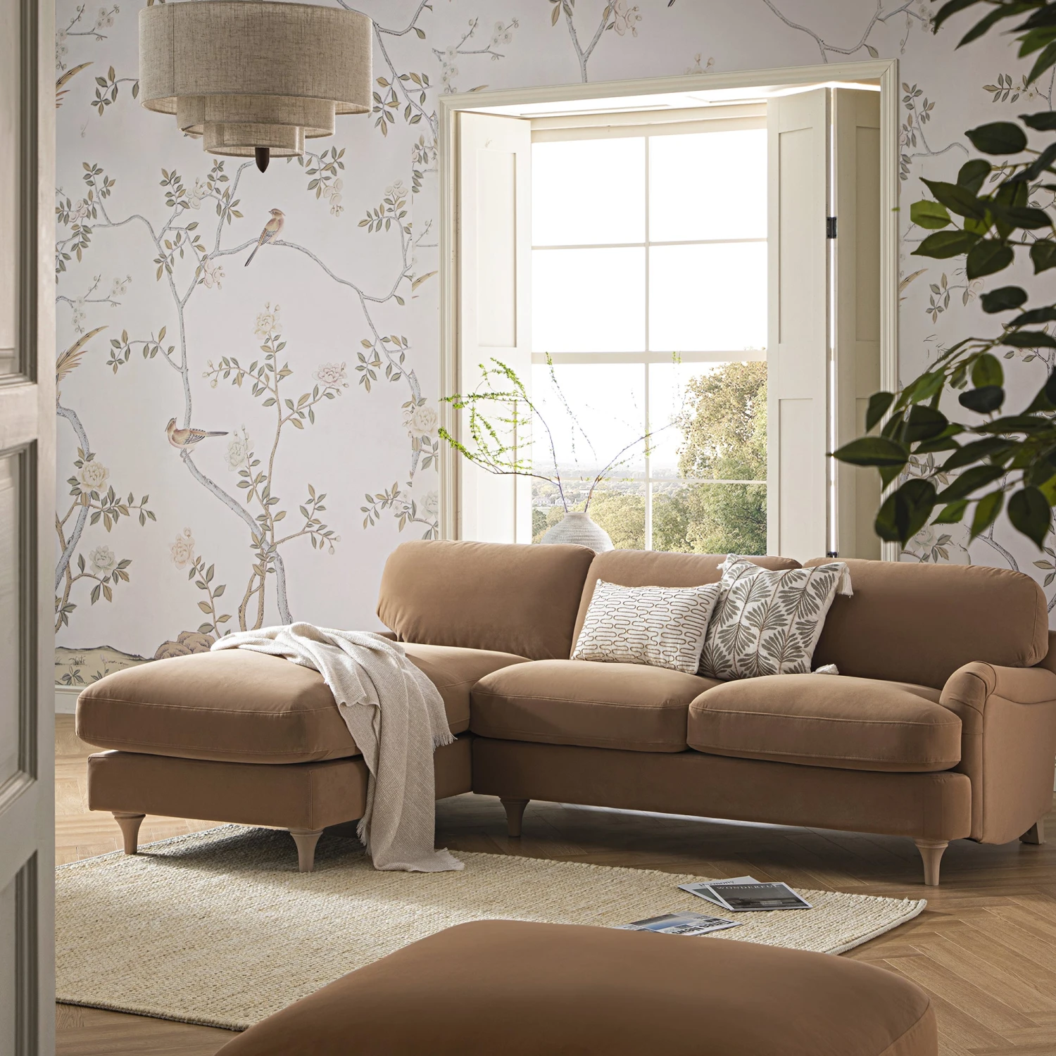 Daphnis Camel Velvet Sofa, Grande Chaise Sofa Left Hand Facing 1 Daphnis Camel Velvet Sofa, Grande Chaise Sofa Left Hand Facing