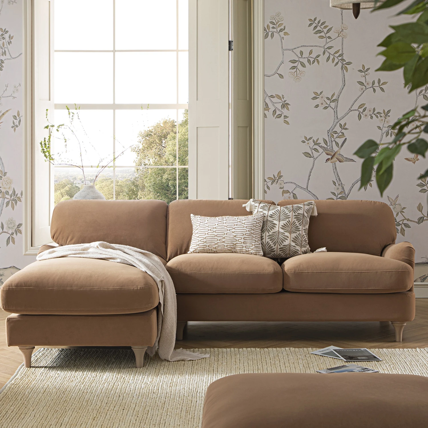 Daphnis Camel Velvet Sofa, Grande Chaise Sofa Left Hand Facing 2 Daphnis Camel Velvet Sofa, Grande Chaise Sofa Left Hand Facing - Image 2