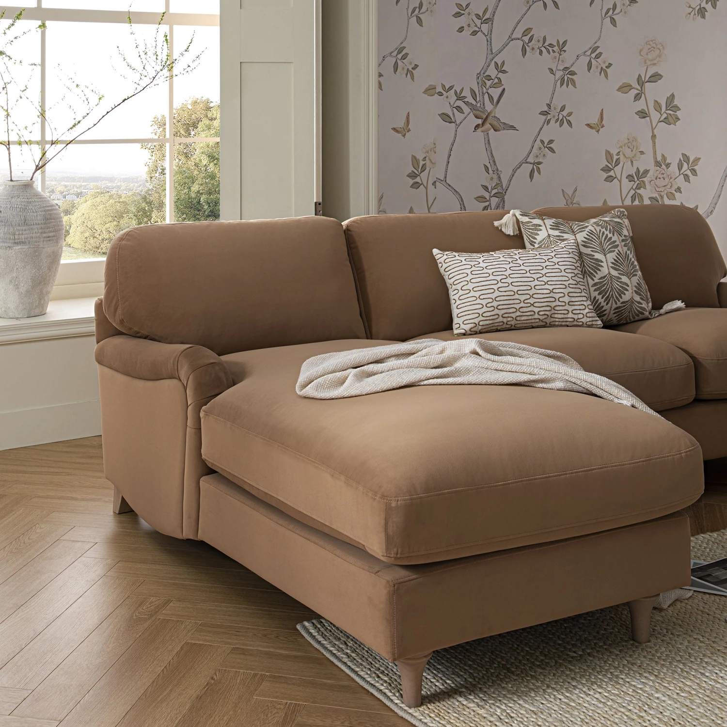 Daphnis Camel Velvet Sofa, Grande Chaise Sofa Left Hand Facing 4 Daphnis Camel Velvet Sofa, Grande Chaise Sofa Left Hand Facing - Image 4