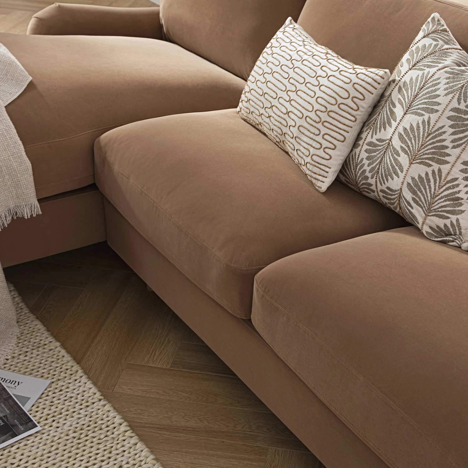 Daphnis Camel Velvet Sofa, Grande Chaise Sofa Left Hand Facing 5 Daphnis Camel Velvet Sofa, Grande Chaise Sofa Left Hand Facing - Image 5