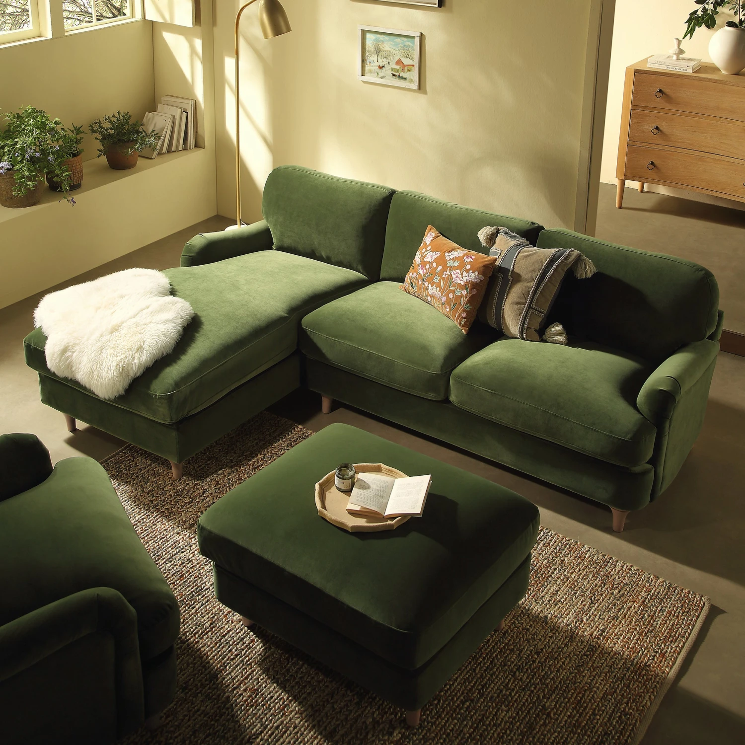 Daphnis Fern Green Velvet Sofa, Grande Chaise Sofa Left Hand Facing 2 Daphnis Fern Green Velvet Sofa, Grande Chaise Sofa Left Hand Facing - Image 2