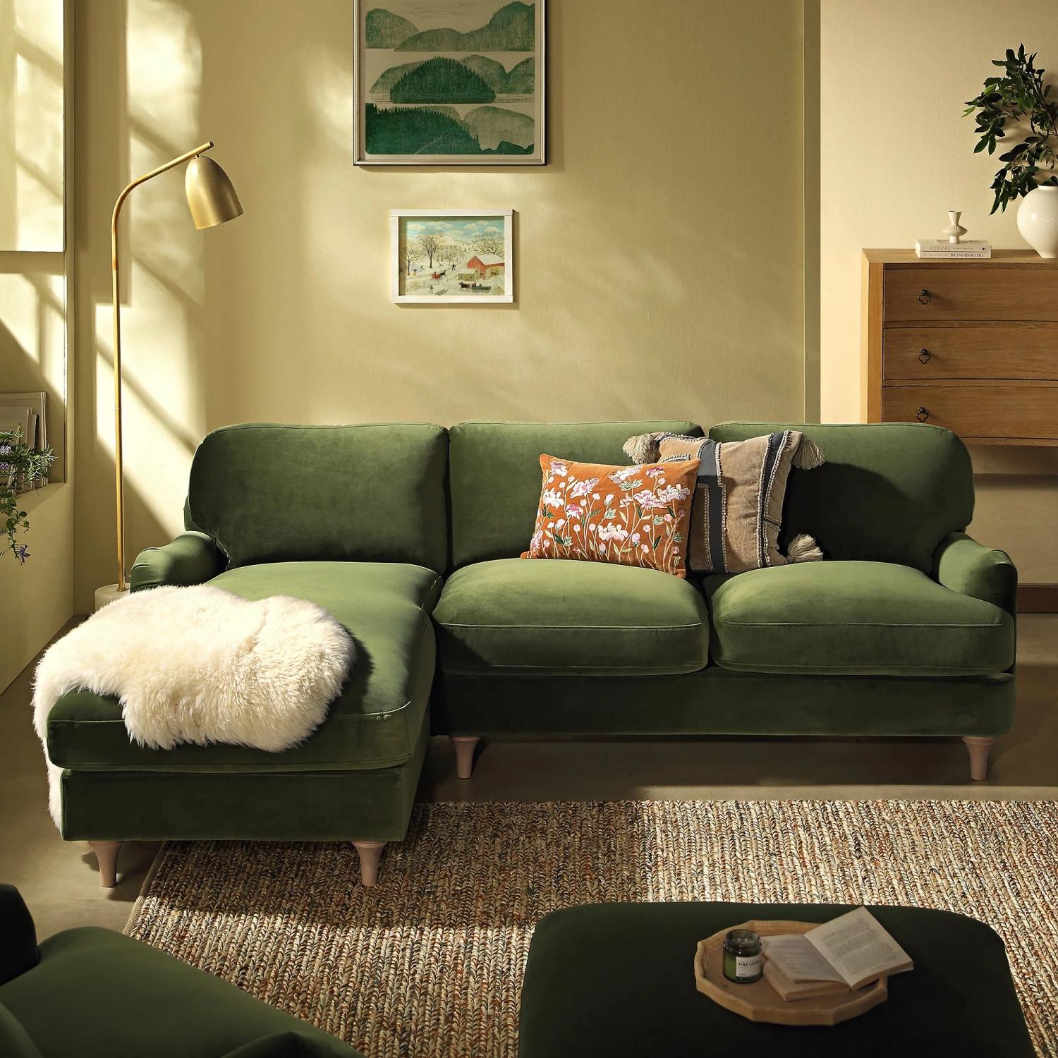 Daphnis Fern Green Velvet Sofa, Grande Chaise Sofa Left Hand Facing 3 Daphnis Fern Green Velvet Sofa, Grande Chaise Sofa Left Hand Facing - Image 3