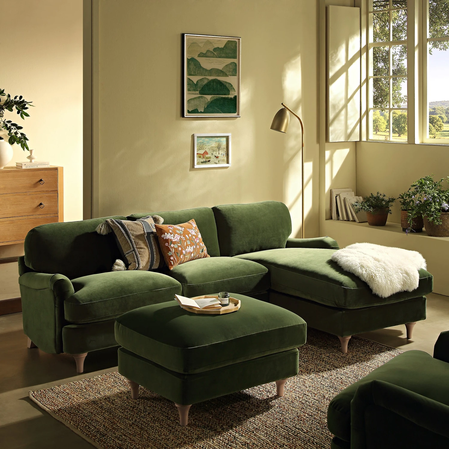 Daphnis Fern Green Velvet Sofa, Grande Chaise Sofa Right Hand Facing 1 Daphnis Fern Green Velvet Sofa, Grande Chaise Sofa Right Hand Facing