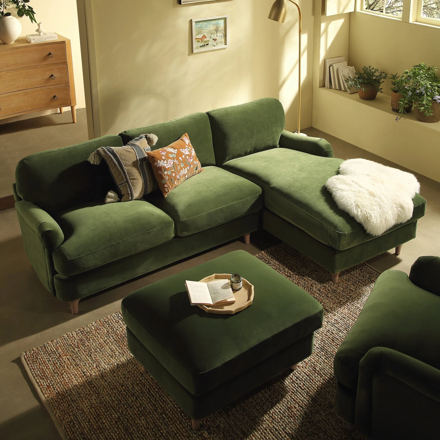 Daphnis Fern Green Velvet Sofa, Grande Chaise Sofa Right Hand Facing 2 Daphnis Fern Green Velvet Sofa, Grande Chaise Sofa Right Hand Facing - Image 2