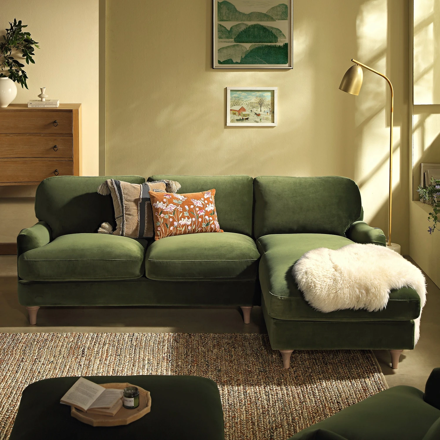 Daphnis Fern Green Velvet Sofa, Grande Chaise Sofa Right Hand Facing 3 Daphnis Fern Green Velvet Sofa, Grande Chaise Sofa Right Hand Facing - Image 3