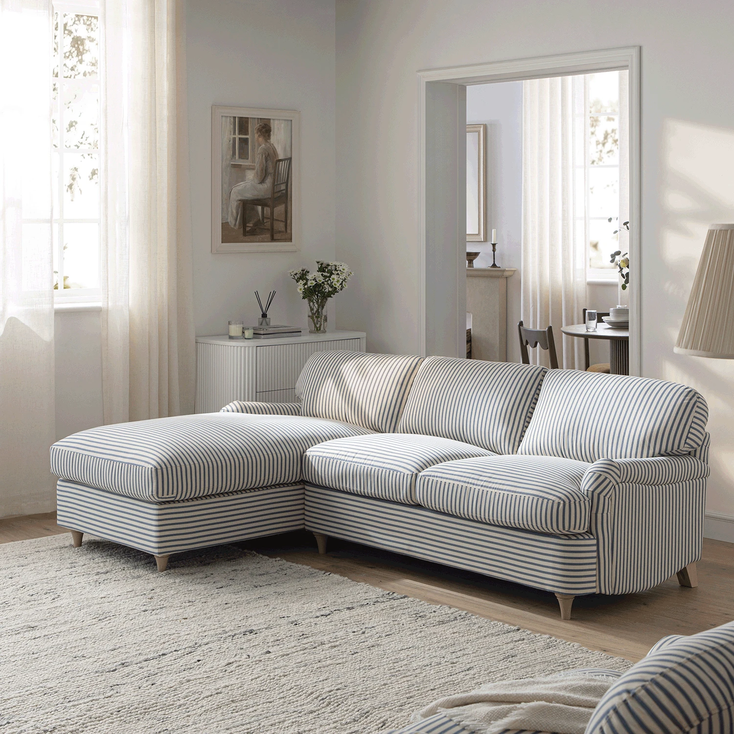 Daphnis Blue Striped Linen Blend Sofa Bed, Grande Chaise Left Hand Facing 4 Daphnis Blue Striped Linen Blend Sofa Bed, Grande Chaise Left Hand Facing - Image 4