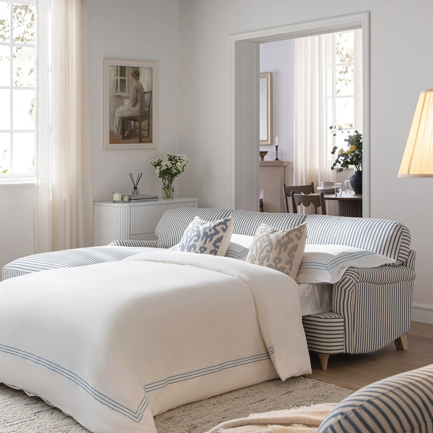 Daphnis Blue Striped Linen Blend Sofa Bed, Grande Chaise Left Hand Facing 1 Daphnis Blue Striped Linen Blend Sofa Bed, Grande Chaise Left Hand Facing