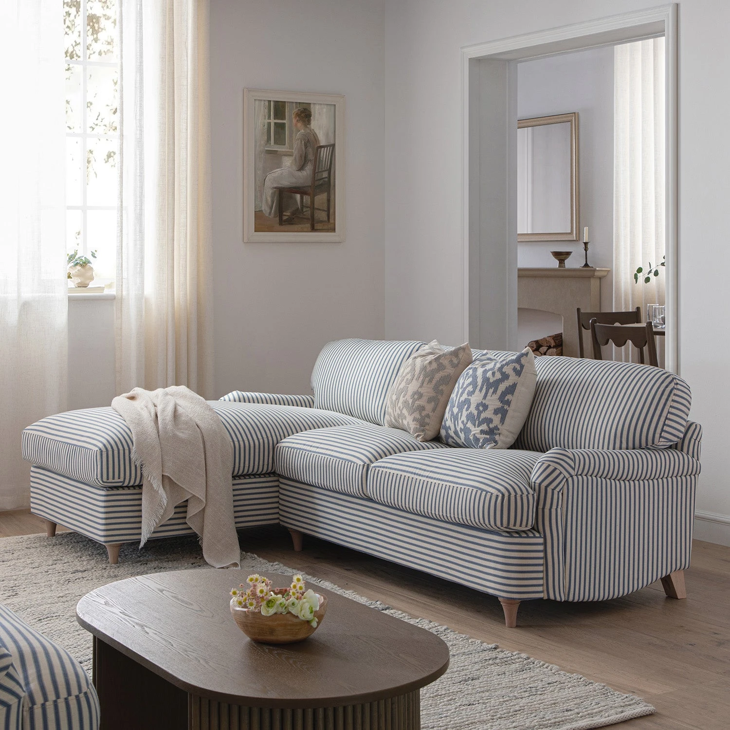 Daphnis Blue Striped Linen Blend Sofa Bed, Grande Chaise Left Hand Facing 2 Daphnis Blue Striped Linen Blend Sofa Bed, Grande Chaise Left Hand Facing - Image 2