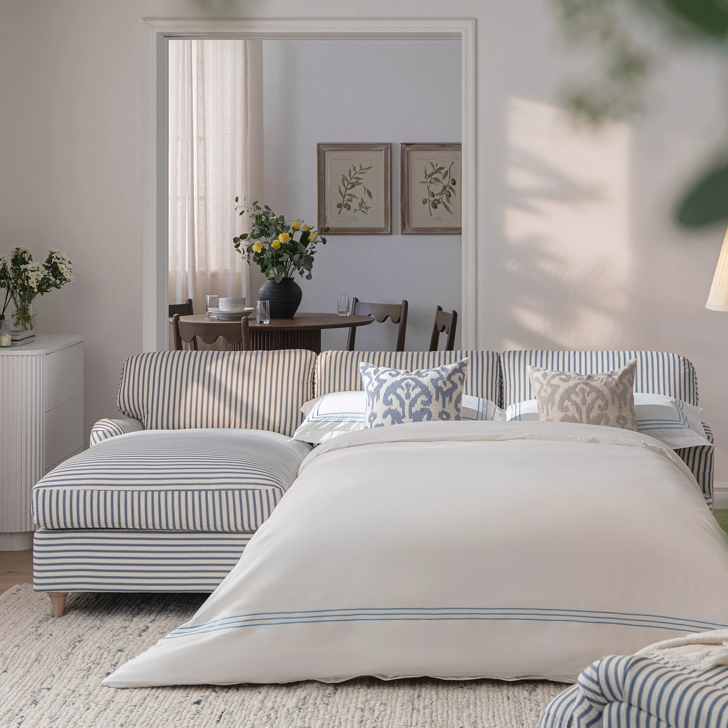 Daphnis Blue Striped Linen Blend Sofa Bed, Grande Chaise Left Hand Facing 3 Daphnis Blue Striped Linen Blend Sofa Bed, Grande Chaise Left Hand Facing - Image 3