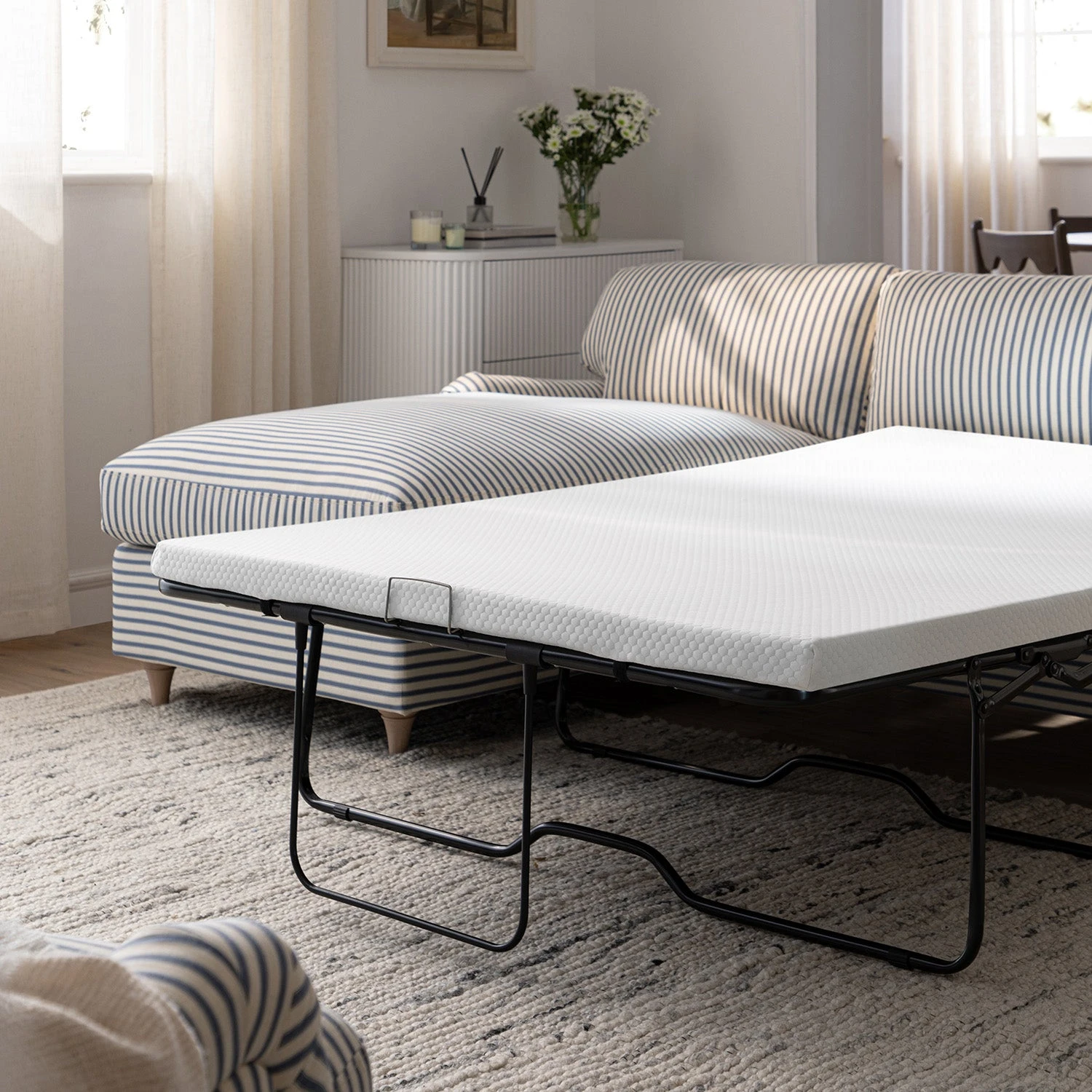 Daphnis Blue Striped Linen Blend Sofa Bed, Grande Chaise Left Hand Facing 5 Daphnis Blue Striped Linen Blend Sofa Bed, Grande Chaise Left Hand Facing - Image 5