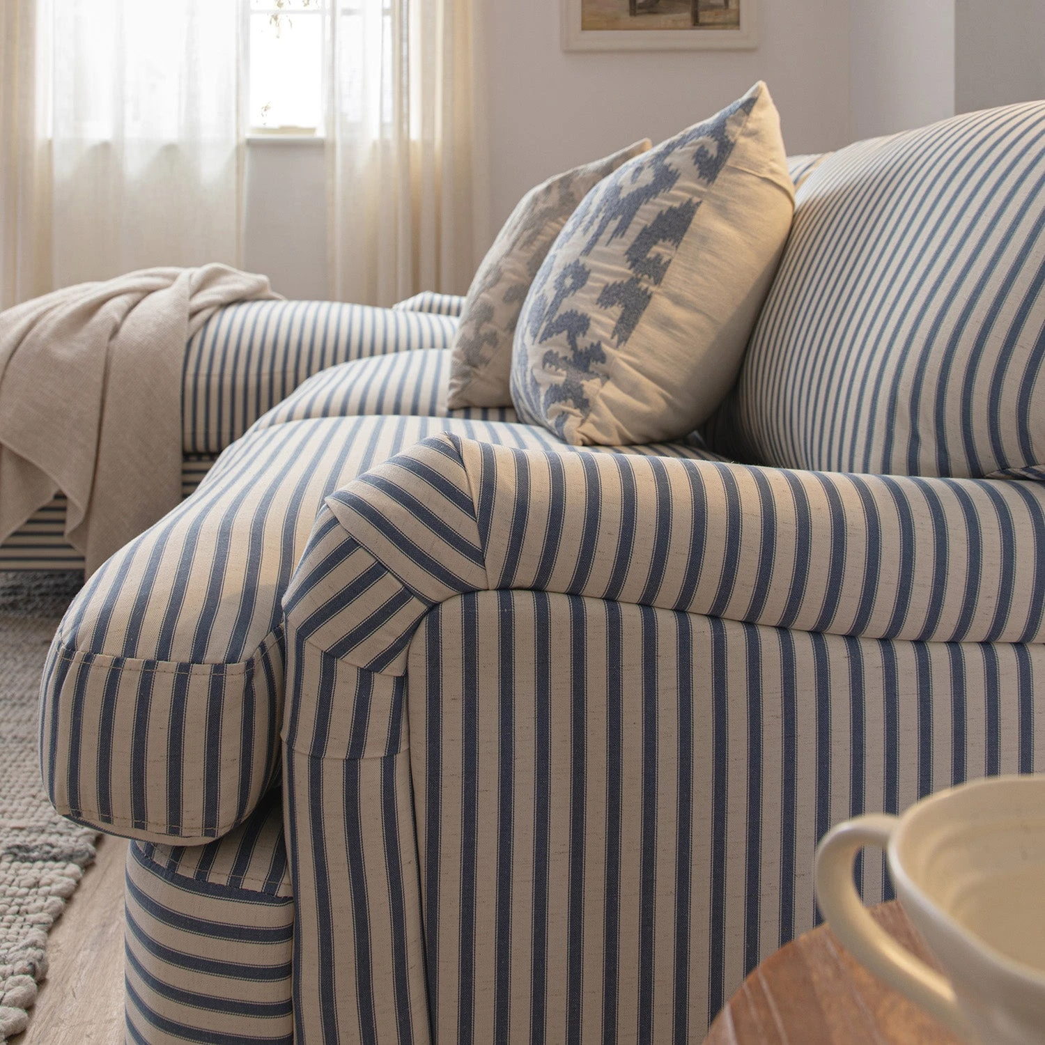 Daphnis Blue Striped Linen Blend Sofa Bed, Grande Chaise Left Hand Facing 7 Daphnis Blue Striped Linen Blend Sofa Bed, Grande Chaise Left Hand Facing - Image 7