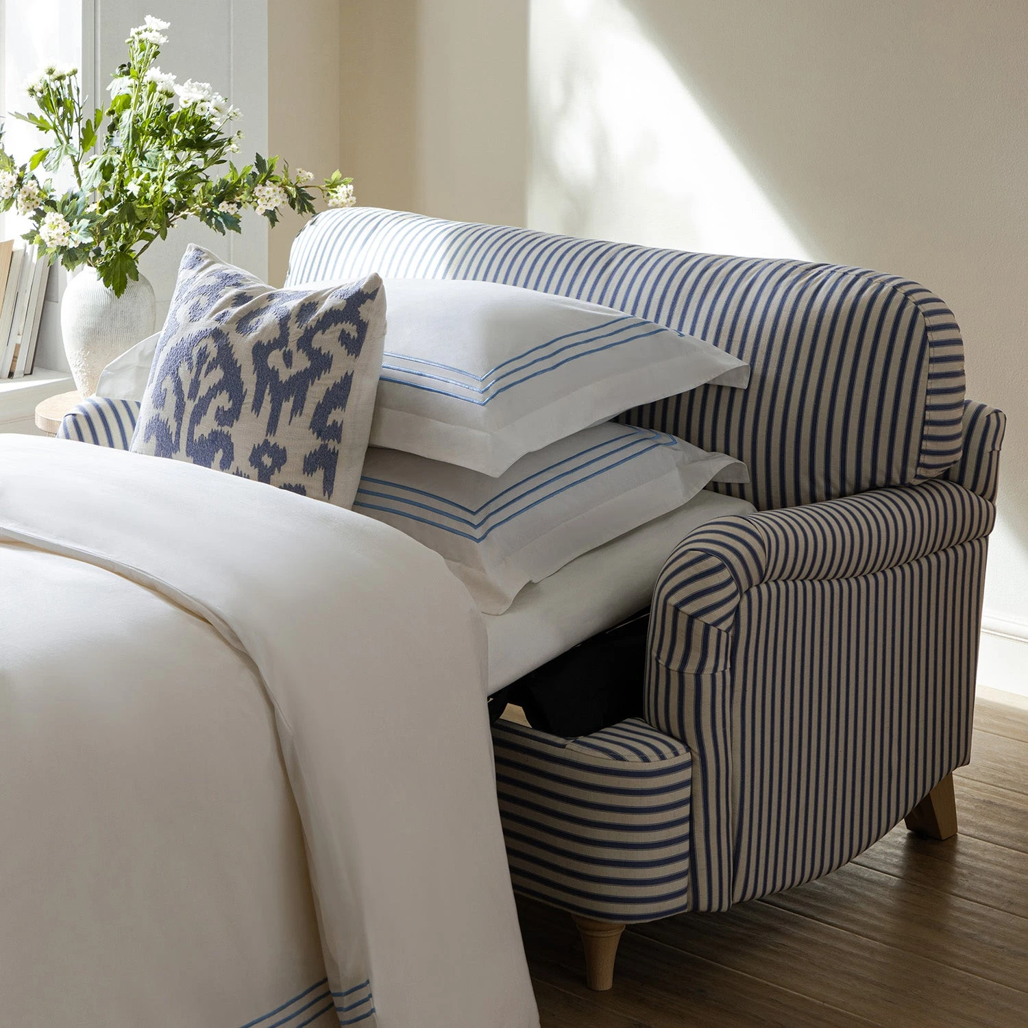 Daphnis Blue Striped Linen Blend Fabric Sofa Bed, Loveseat 7 Daphnis Blue Striped Linen Blend Fabric Sofa Bed, Loveseat - Image 7