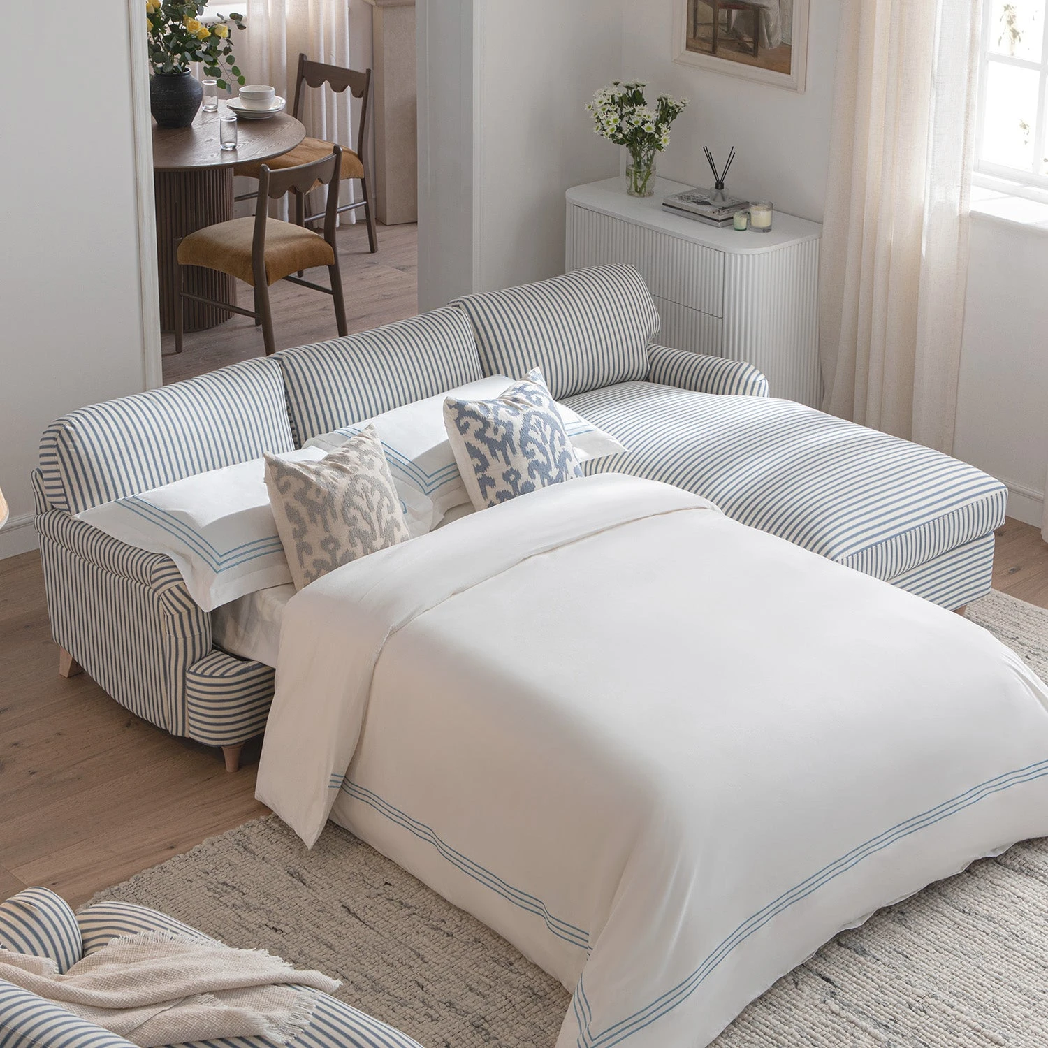 Daphnis Blue Striped Linen Blend Sofa Bed, Grande Chaise Right Hand Facing 1 Daphnis Blue Striped Linen Blend Sofa Bed, Grande Chaise Right Hand Facing