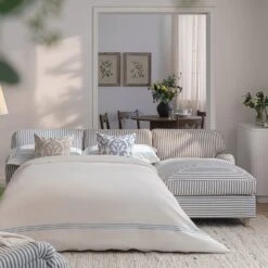 Daphnis Blue Striped Linen Blend Sofa Bed, Grande Chaise Right Hand Facing 15 Daphnis Blue Striped Linen Blend Sofa Bed, Grande Chaise Right Hand Facing -Daals Store GCSF 2603 BLUE STRIPE RIGHT scene1