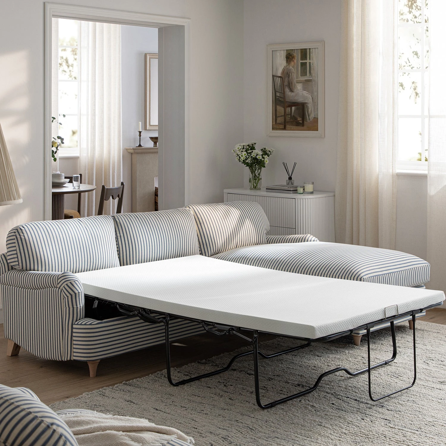 Daphnis Blue Striped Linen Blend Sofa Bed, Grande Chaise Right Hand Facing 4 Daphnis Blue Striped Linen Blend Sofa Bed, Grande Chaise Right Hand Facing - Image 4