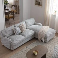 Daphnis Blue Striped Linen Blend Sofa Bed, Grande Chaise Right Hand Facing 17 Daphnis Blue Striped Linen Blend Sofa Bed, Grande Chaise Right Hand Facing -Daals Store GCSF 2603 BLUE STRIPE RIGHT scene3