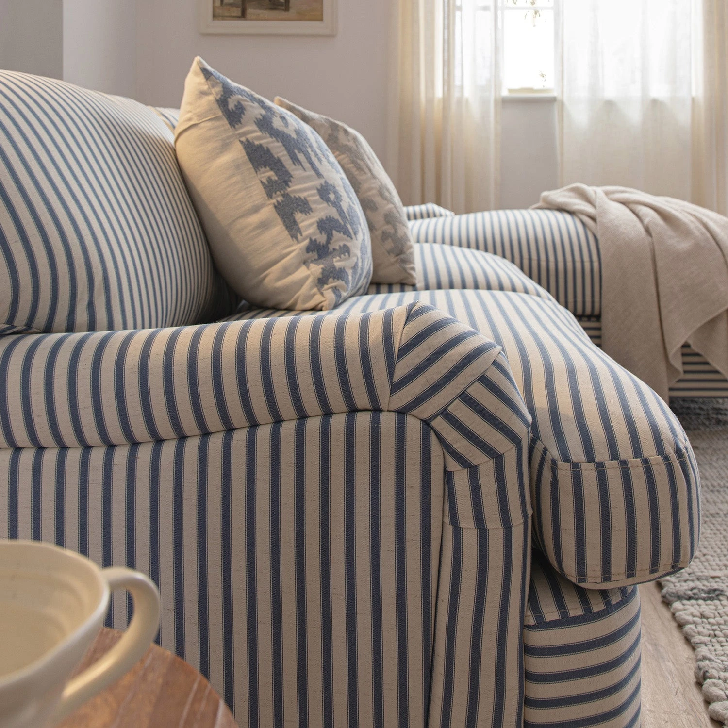 Daphnis Blue Striped Linen Blend Sofa Bed, Grande Chaise Right Hand Facing 7 Daphnis Blue Striped Linen Blend Sofa Bed, Grande Chaise Right Hand Facing - Image 7