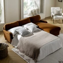 Daphnis Cinnamon Velvet Sofa Bed, Grande Chaise Sofa Right Hand Facing