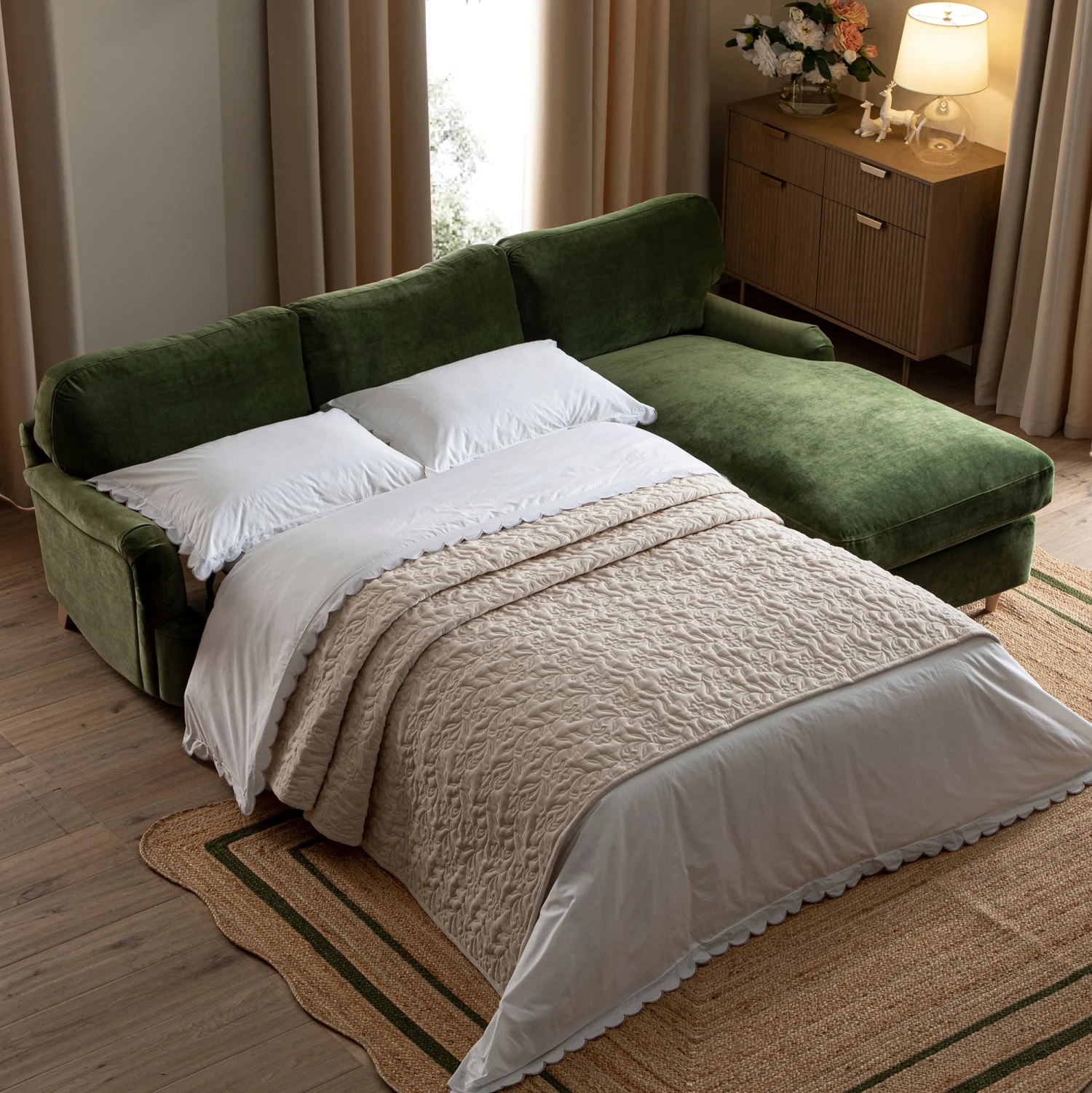 Daphnis Fern Green Velvet Sofa Bed, Grande Chaise Right Hand Facing 1 Daphnis Fern Green Velvet Sofa Bed, Grande Chaise Right Hand Facing