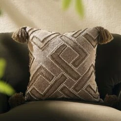 Boho Collection Andes Cross Stitch Cushion β Neutral Beige & Biscuit Vintage Tassel Pillow