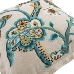 Flora & Fauna Azure Bloom Hand Embroidered Cushion – 50x50 Natural Cotton Slub with French Knots -Daals Store HW CUSH AZUREBLOOM detail1