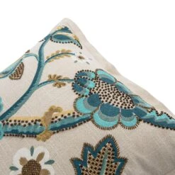 Flora & Fauna Azure Bloom Hand Embroidered Cushion – 50x50 Natural Cotton Slub with French Knots -Daals Store HW CUSH AZUREBLOOM detail2