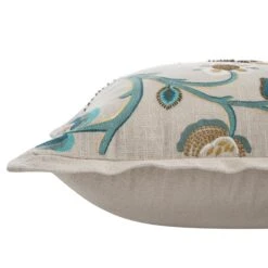 Flora & Fauna Azure Bloom Hand Embroidered Cushion – 50x50 Natural Cotton Slub with French Knots -Daals Store HW CUSH AZUREBLOOM detail3