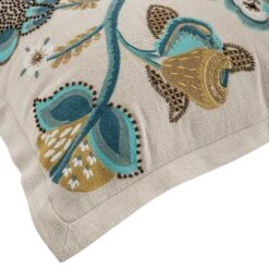 Flora & Fauna Azure Bloom Hand Embroidered Cushion – 50x50 Natural Cotton Slub with French Knots -Daals Store HW CUSH AZUREBLOOM detail4