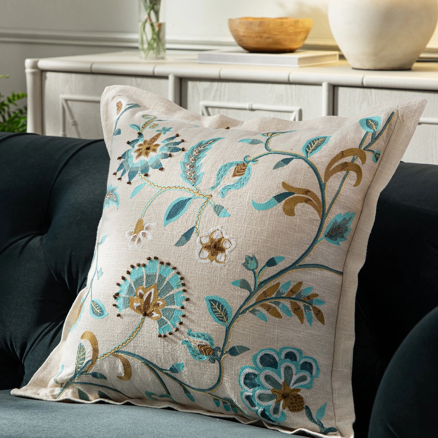 Flora & Fauna Hand Embroidered Azure Fantasy Cushion 1 Flora & Fauna Hand Embroidered Azure Fantasy Cushion