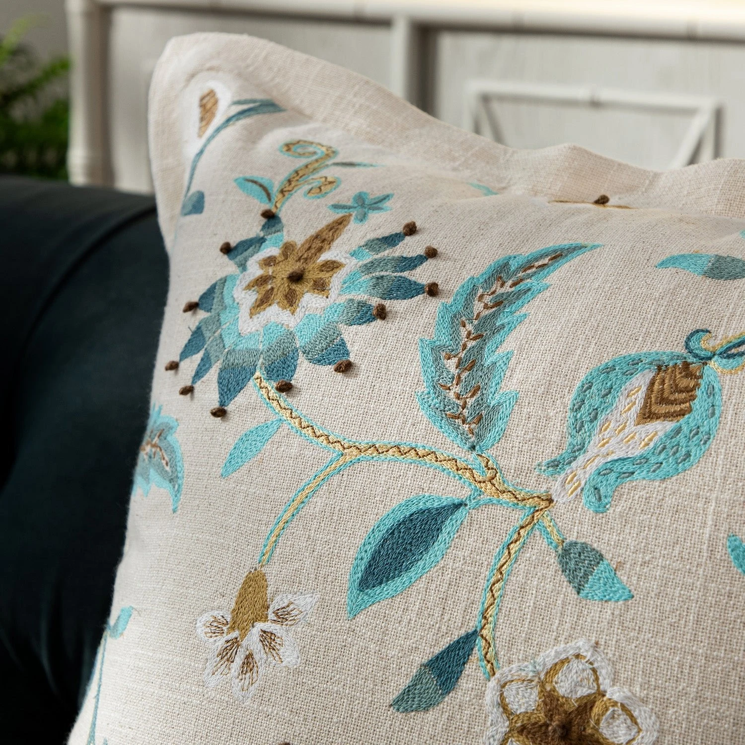 Flora & Fauna Hand Embroidered Azure Fantasy Cushion 3 Flora & Fauna Hand Embroidered Azure Fantasy Cushion - Image 3