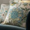 Flora & Fauna Hand Embroidered Azure Wonder Cushion – Cream & Blue Jacobean Floral Throw Pillow -Daals Store HW CUSH AZUREWONDER main