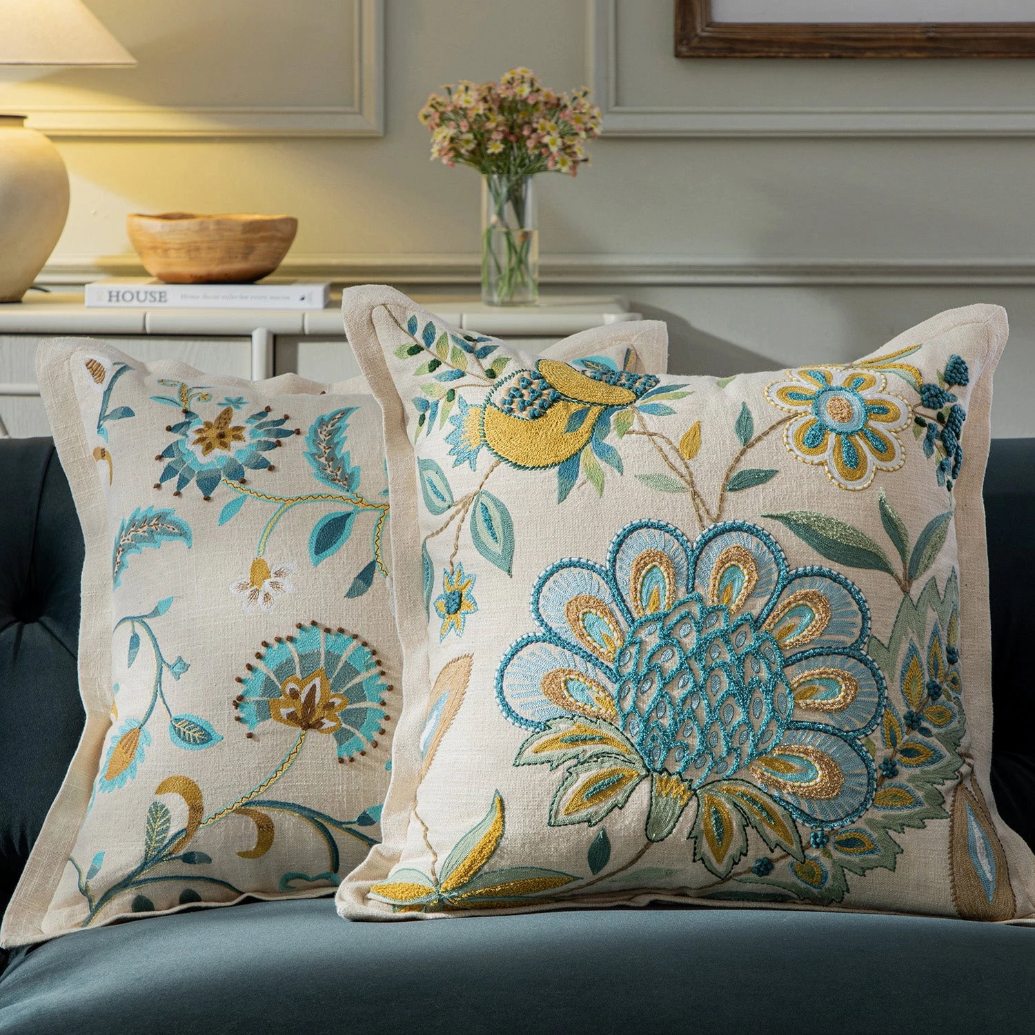 Flora & Fauna Hand Embroidered Azure Wonder Cushion β Cream & Blue Jacobean Floral Throw Pillow 2 Flora & Fauna Hand Embroidered Azure Wonder Cushion β Cream & Blue Jacobean Floral Throw Pillow - Image 2