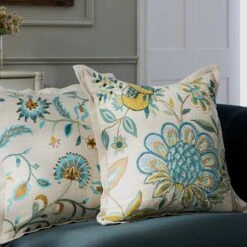 Flora & Fauna Hand Embroidered Azure Wonder Cushion β Cream & Blue Jacobean Floral Throw Pillow 14 Flora & Fauna Hand Embroidered Azure Wonder Cushion β Cream & Blue Jacobean Floral Throw Pillow -Daals Store HW CUSH AZUREWONDER scene2