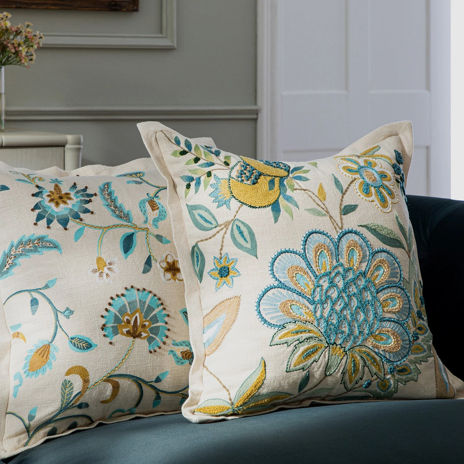 Flora & Fauna Hand Embroidered Azure Wonder Cushion β Cream & Blue Jacobean Floral Throw Pillow 3 Flora & Fauna Hand Embroidered Azure Wonder Cushion β Cream & Blue Jacobean Floral Throw Pillow - Image 3